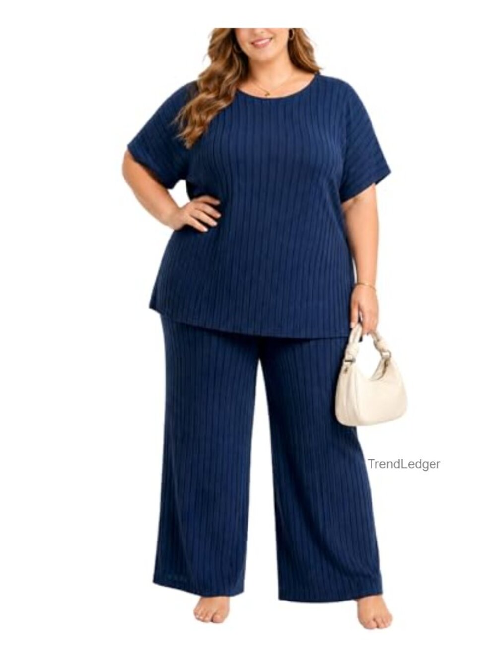 Plus Size Two Piece Lounge Set Ribbed Knit Pajama Short Sleeve Wide Leg Pants